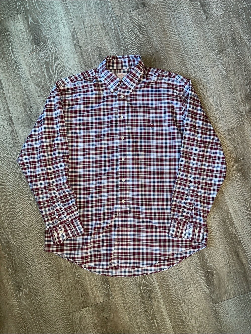 Brooks Brothers Plaid Button-Down Shirt business casual Burgundy cotton wrinkle